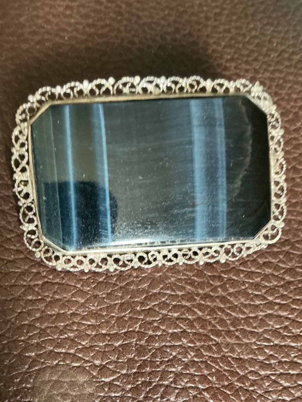 Antique Blue Tiger's Eye or Hawk's Eye Sterling Silver Filigree Brooch Pin